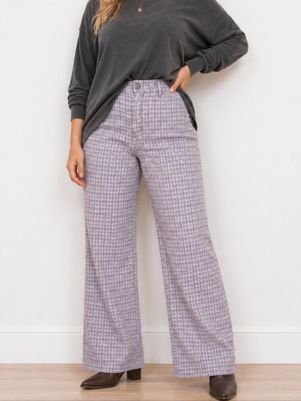 American Eagle Lilac Gray Plaid High Rise Wide Leg Trousers Size 12